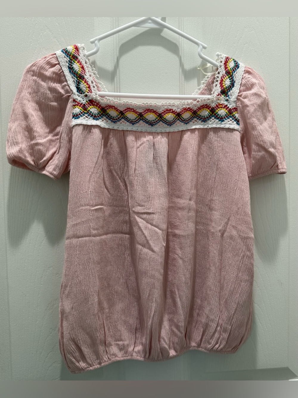 Poor Girl, Girls Pink Embroidered Square-Neck Top Large
